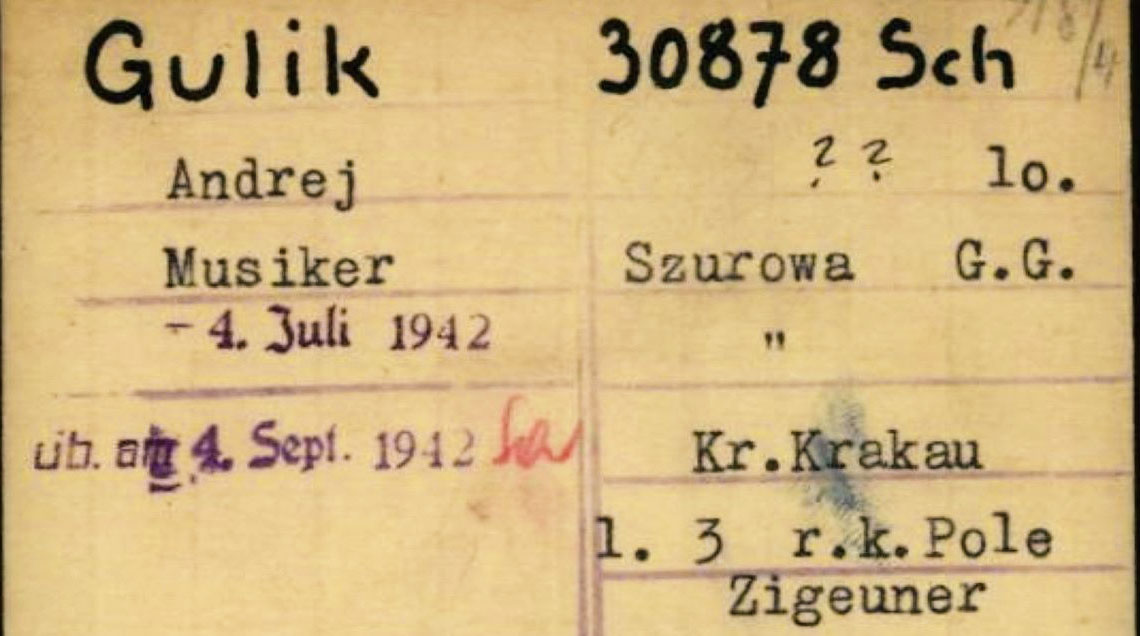 KZ-Schreibstubenkarte von Andrej Gulik, versehen mit der diskriminierenden Bezeichnung „Zigeuner“ (Arolsen Archives