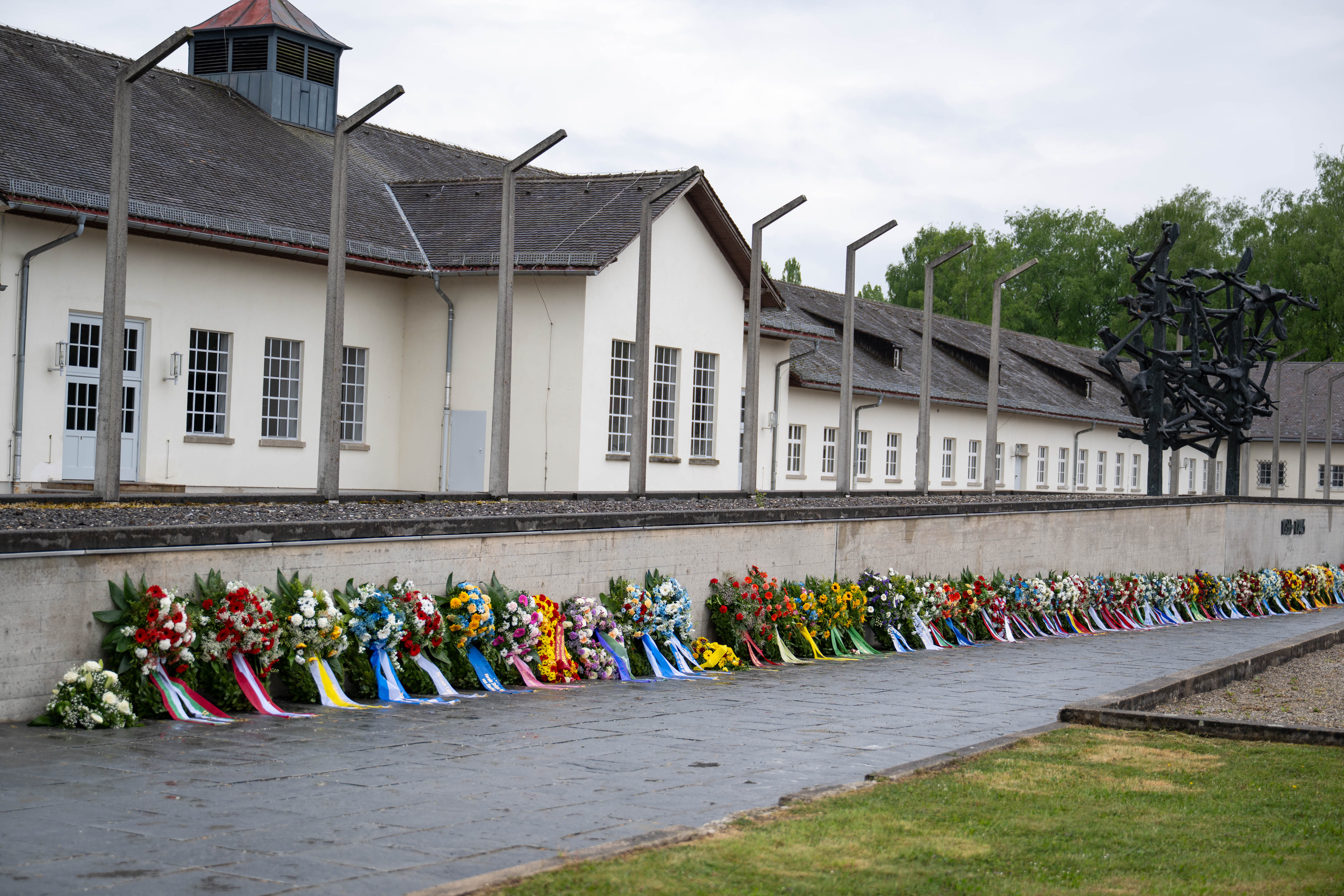 Wreaths in memory of the victims of Dachau Concentration Camp on the 80th anniversary of the liberation in 2025. Copyright: Concentration Camp Memorial Site Dachau
