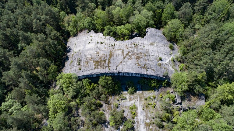 Luftaufnahme; in der Mitte sind Reste des Betonbunkerbogens zu sehen, umgeben von Wald